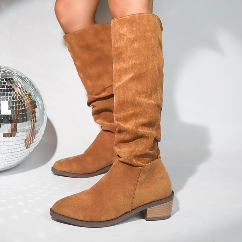 Retro Knee High Western Boots Women  Autumn Faux Suede Thick Heels Long Boots Woman Plus Size 43 Pointed Toe Cowboy Botas 43