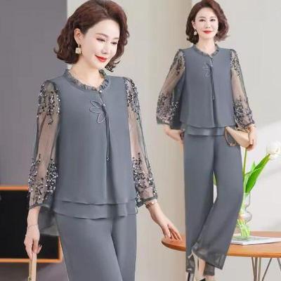 Spring Summer Slimming Loose Fit Two Piece Set Elegant Middle Aged Elderly Women's Fashionable Mommy Outfit Pants