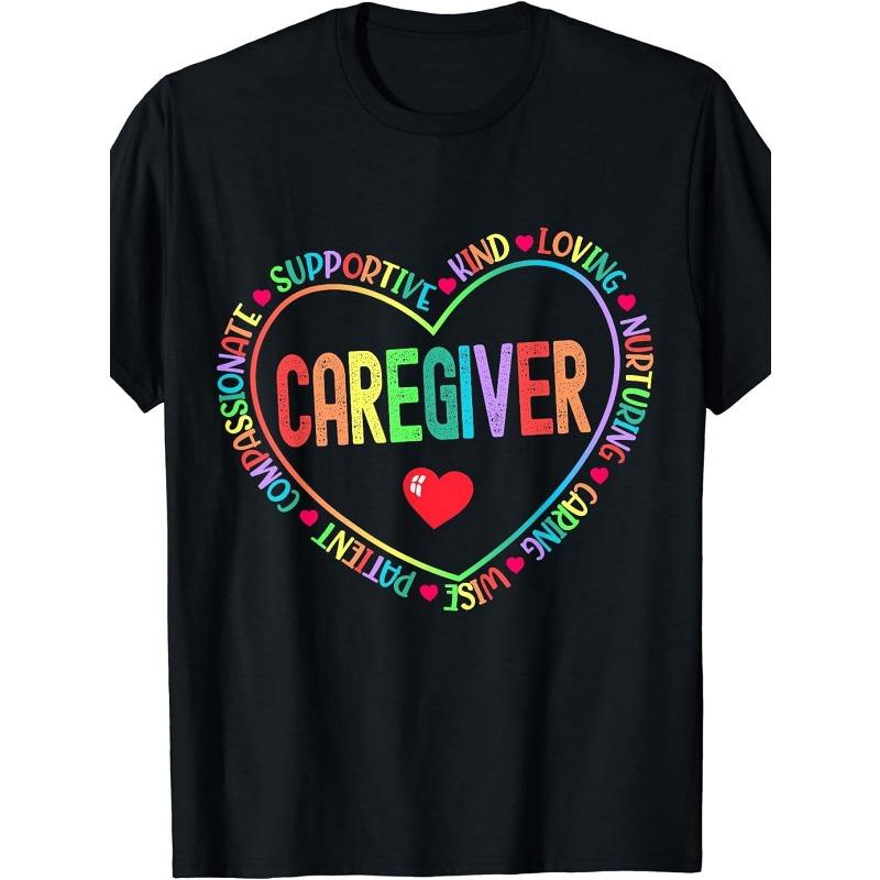 European Size Women'S Caregiver Appreciation Week T-Shirt - Heart Design with Inspirational Words & Red Heart, Round Neck Short Sleeve, Casual Top
