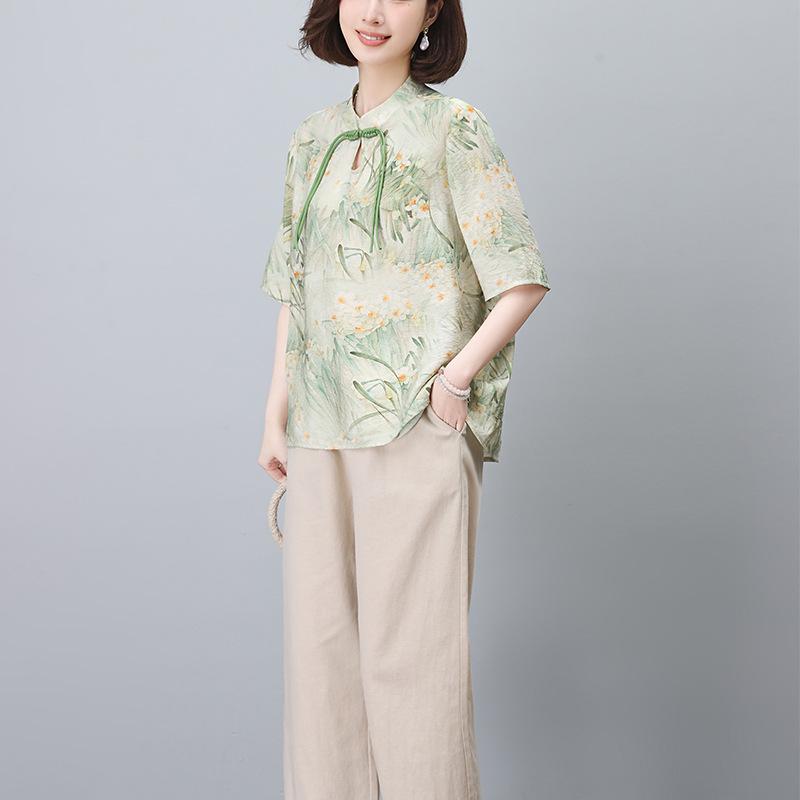 2024 Letní Dámský Národní Styl Bavlněno-Lněný Dvoudílný Set pro Křivky