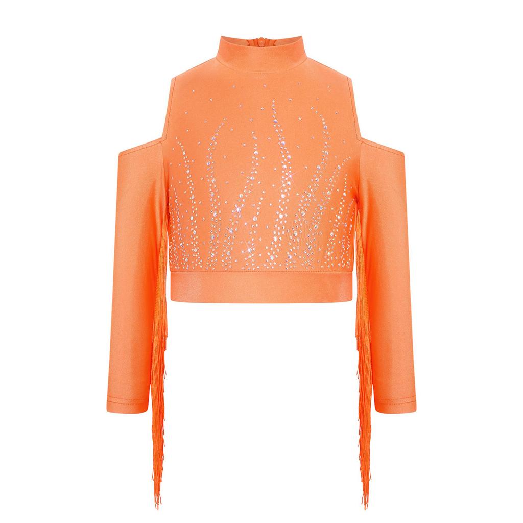 Girls Latin Dance Tops Tassels Long Sleeves Back Invisible Zipper Shiny Rhinestones Crop Top
