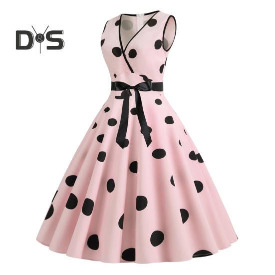 Sukienka wieczorowa dla kobiet w stylu vintage, kontrastowe kropki, nadruk w kropki, kokarda w talii, linia A, duży rozkloszowany, wąska talia, bez rękawów, odkryte plecy, dekolt w serek, sukienka midi w stylu księżniczki