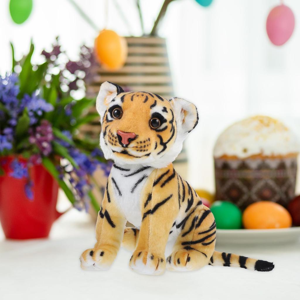 POPETPOP Tiger Plush Toy, Realistic, Year of the Tiger, 27cm, Fluffy Animal, Yellow, 27x15cm