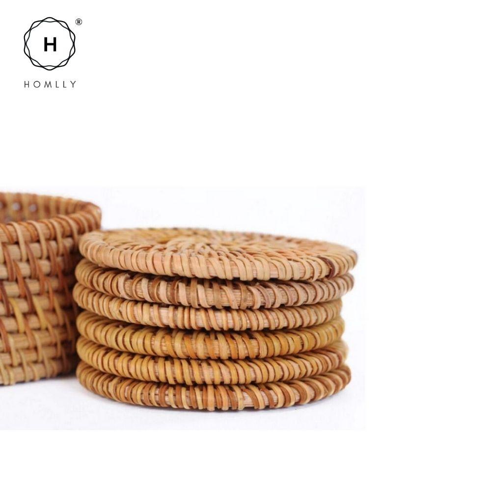 Homlly Basic 100% Natural eco-friendly Hand Made Rattan Coaster Set (6pcs) with Coaster Box