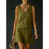 Summer Women Solid 2 Piece Set Casual Sleeveless Linen Cotton Top Vest Shorts Suit Outfit