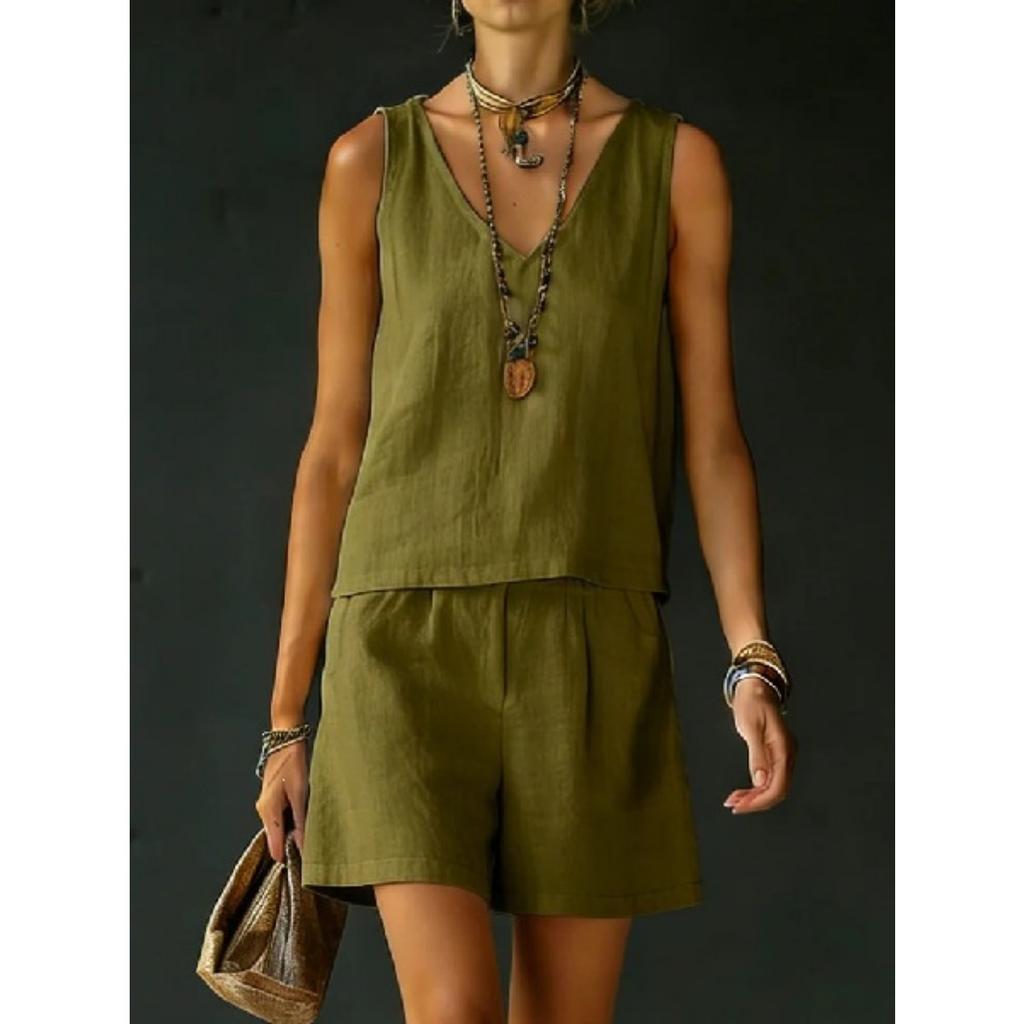 Summer Women Solid 2 Piece Set Casual Sleeveless Linen Cotton Top Vest Shorts Suit Outfit