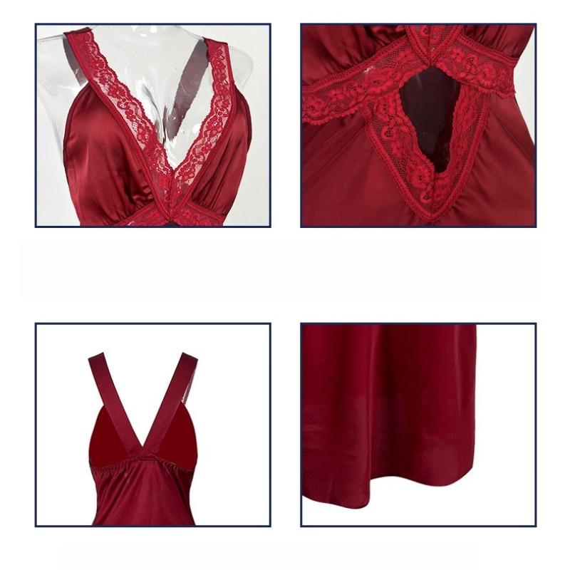 Satin Deep V Cami Nightgown Lace Cutout Multi-Color Sexy Slim Fit Women's Loungewear 802 Daring Stylish Sleepwear with Flattering Cutout Details