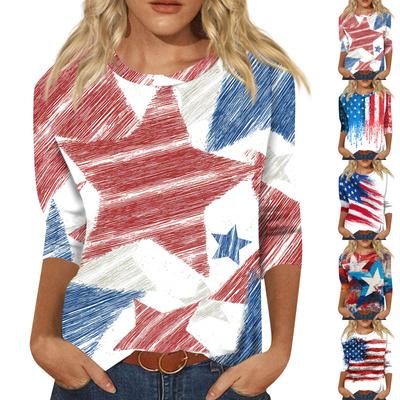 Women's Fashionable Casual Round Neck Three-quarter Sleeve Independence Day Printed T-shirt Top