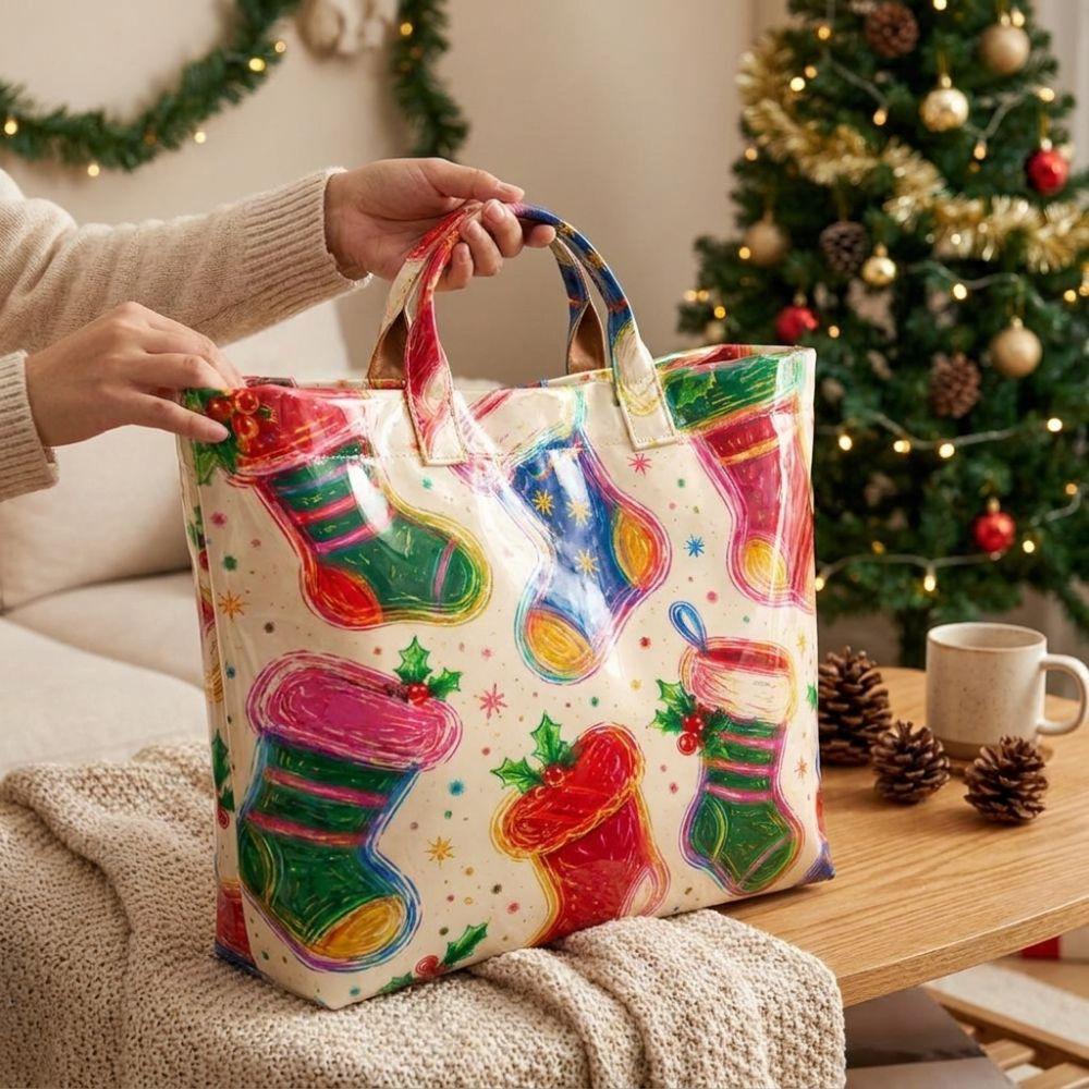 Large Capacity Christmas Print PVC Tote Bag Waterproof Christmas Hand Tote Commute Tote Bag Work