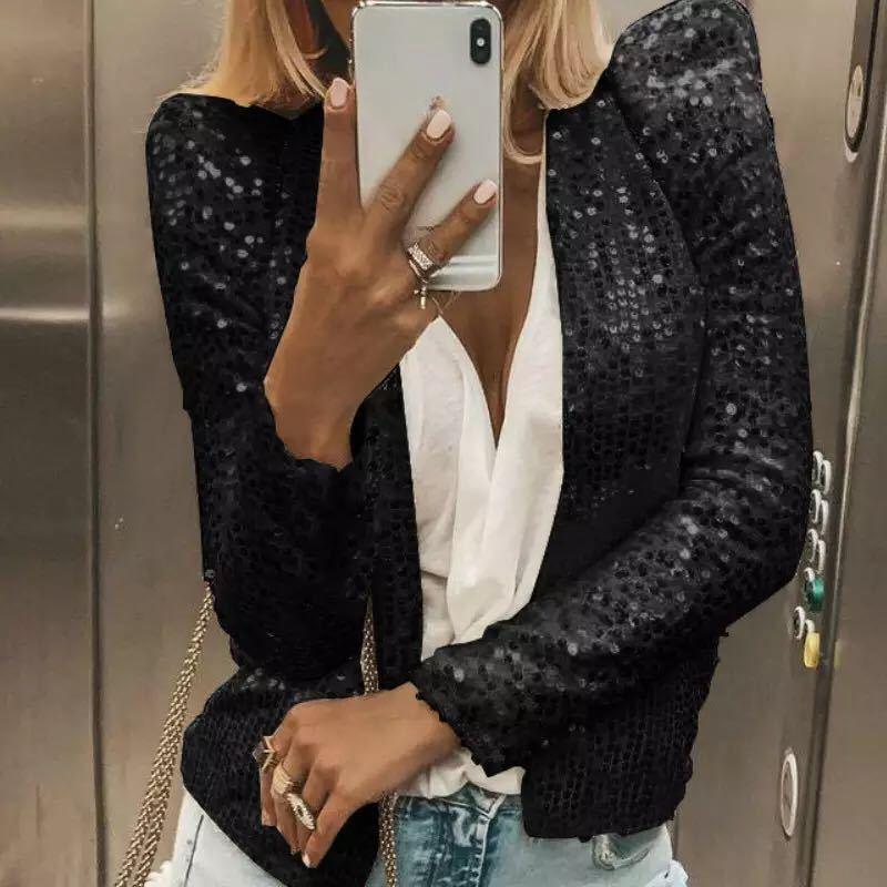 Chic Shiny Sequins Casual Jacket Women Fashion Sparkly Glitter Short Coats Slim Fit Long Sleeves Open Front Cardigan Outwear