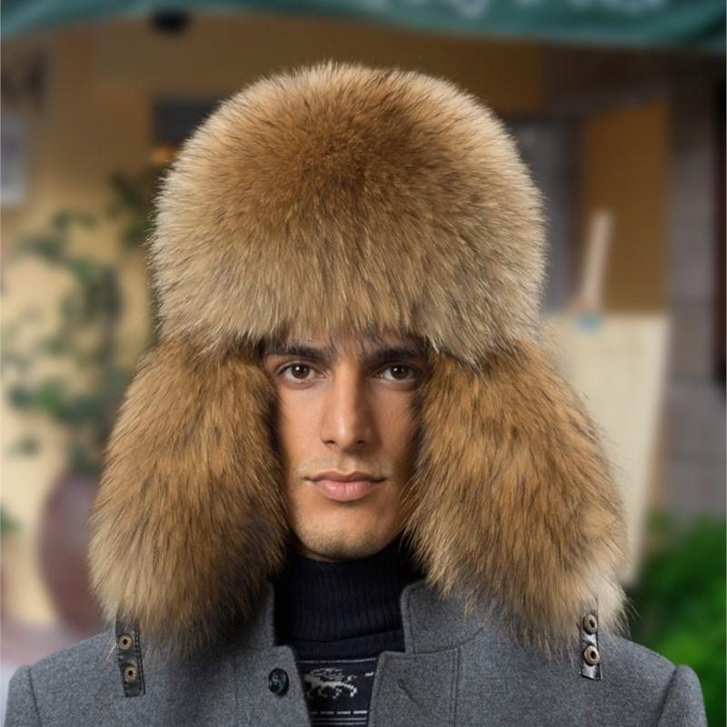 Real Fox Fur Hats Men 's Winter Lei Feng Hat Middle-Aged Elderly Outdoor Thickened Raccoon Fur Cap Warm Sheep Leather Bomber Hat