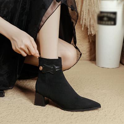 Kurzstiefel mit grobem Absatz für Damen, Retro, neu, Herbst und Winter, spitz, braune Stiefel, Wildleder, mittelhoher Schaft, dünne High-Heel-Stiefel