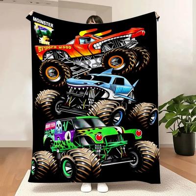 Vibrant Monster Truck Throw Blanket RedYellow Blue Shark Green Skull Trucks Bold Cartoon Art Perfect for Kids Teens