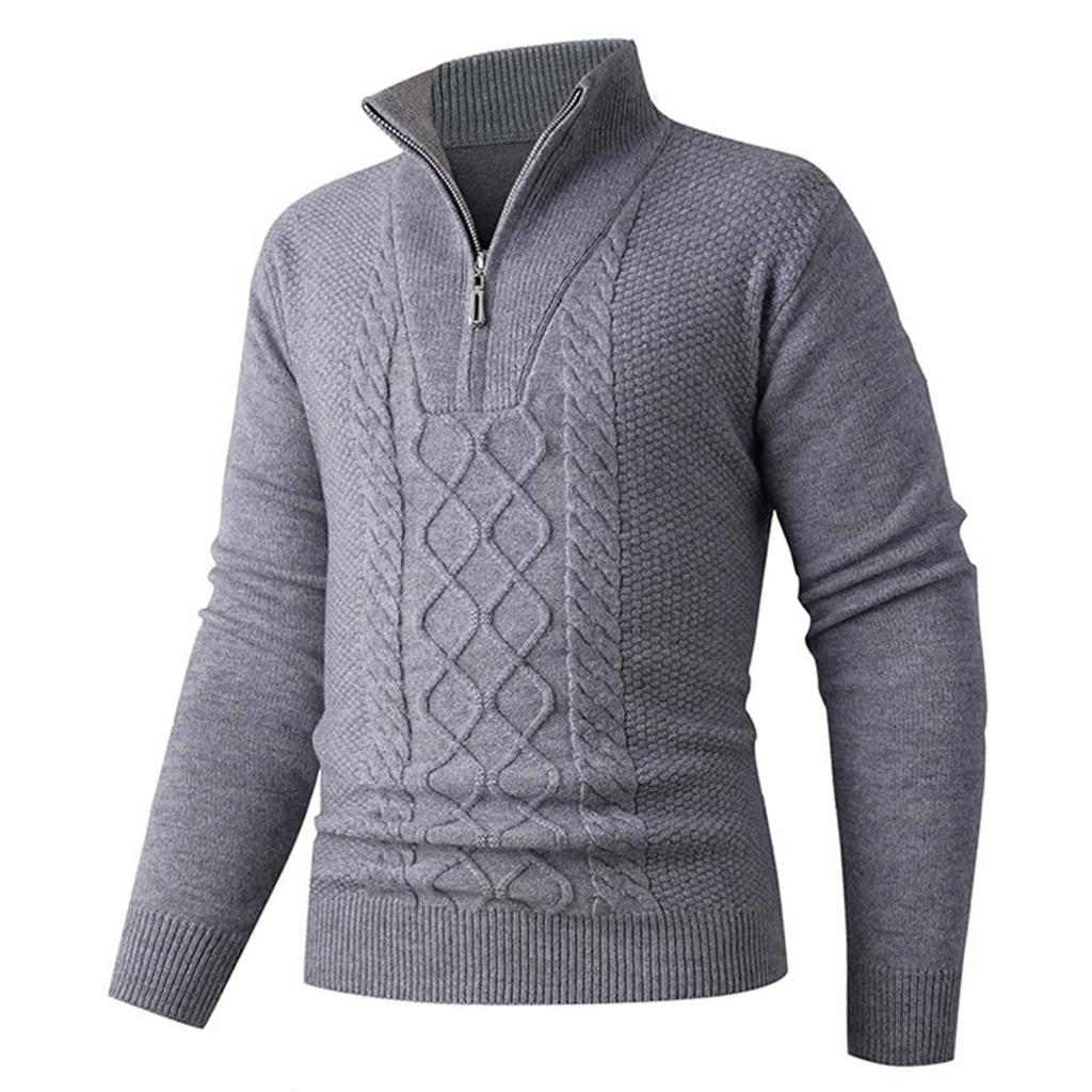 Men's Casual Half-Zip Cable Knit Pullover Sweater with Stand Collar for Fall and Winter