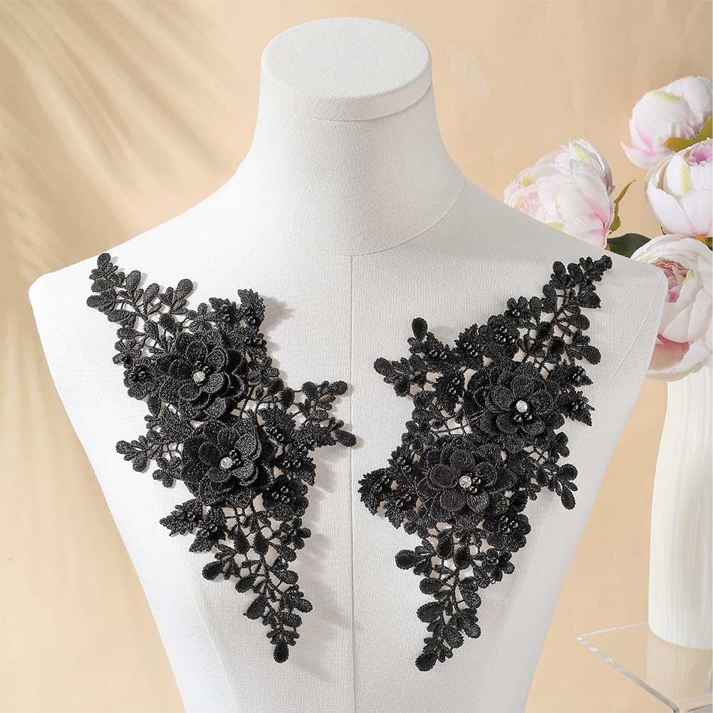 1 Pair Multicolor Flower Patches Applique Cutout Pearls 3D Rhinestone Embroidery Lace Fabric Patch Dress DIY Sewing Wedding Applique Accessories