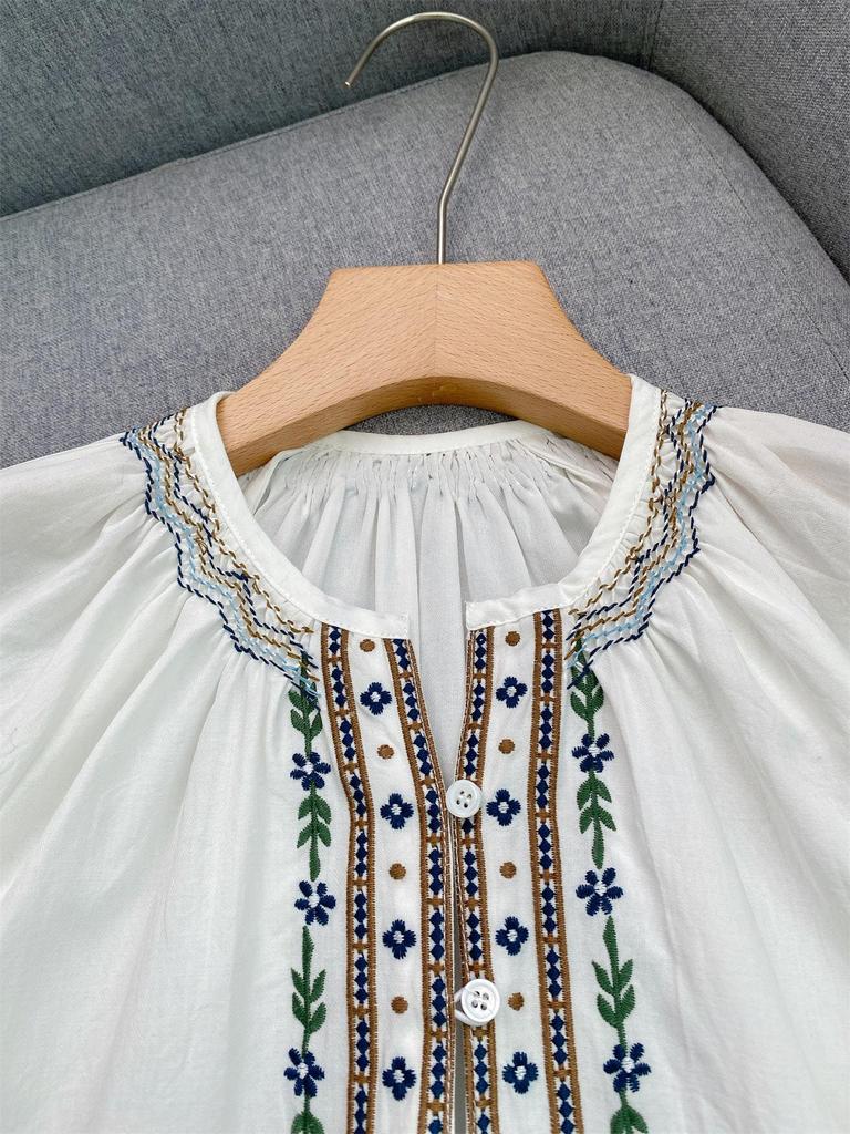 Elegant Ethnic Floral Embroidered Puff Sleeve Shirt for Women