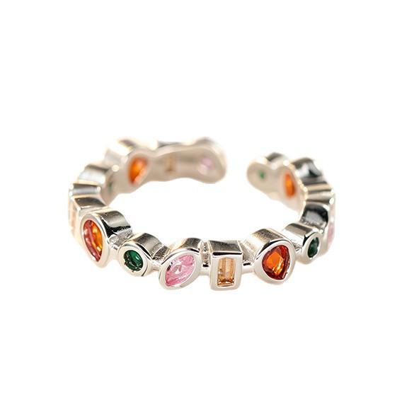 Colorful Diamond Square Waterdrop Elegantly Simple 925 Sterling Silver Jewelry Zircon Geometric Round Opening Rings 02901