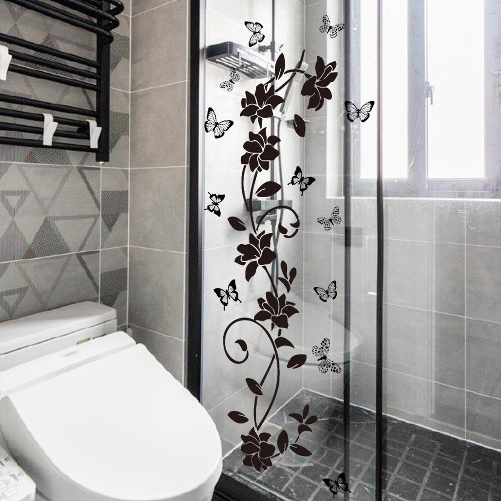 Simple Black Flowers, Butterflies, Vines, Mirrors, Glass Stickers, Home Bathroom Decoration, Self-Adhesive Wall Stickers