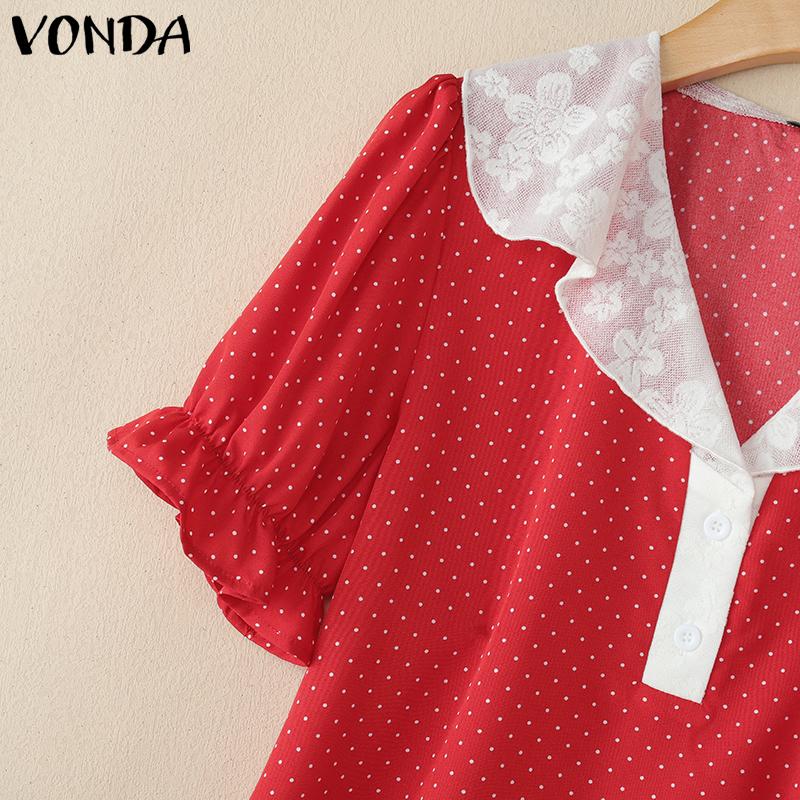 VONDA Summer Women Lace Neck Short Puff Sleeve Ruffled Polka Dots Casual Tops Blouse