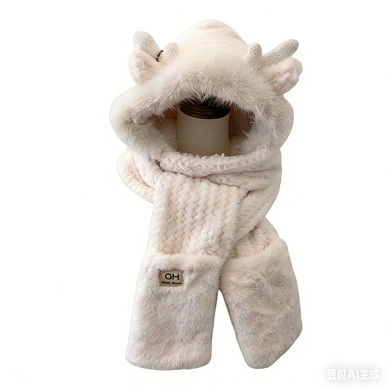 Fashion Elk Antlers Plush Hat Scarf Gloves Women's Winter Ear Protector Thickened Ear Muffs and Neck Warmer Hat Cycling Ski Cap Wind Proof