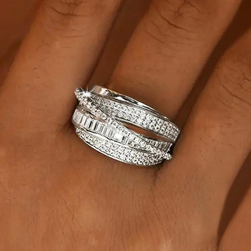 Huitan Unique Multi-layers Cross Rings for Women Trendy Shiny Cubic Zirconia Finger Accessory Attractive Party Jewelry Sale