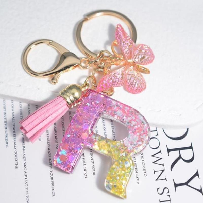 Fashion 26 English A-Z Initial Letter Resin Keychain Cute Butterfly Tassel Keyring Backpack Charm Pendent Accessories Gift