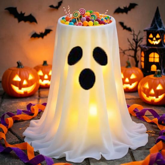 Decoração de Halloween Yousheng com Luz LED de 8 Modos com Controle Remoto, Tigela de Doces Fantasma com Suporte de Tripé, Porta-Doces Fantasma Fofo para a Frente