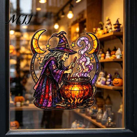 Spooky Home Window Ornaments Halloween Witch And Medicine Cauldron Sticker, Stained Glass Effect PVC Decal Removable Party Supplies for Doors
