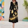 Women Plus Size V Neck Long Sleeve Purple Butterfly Print A Line Midi Dress With Pockets