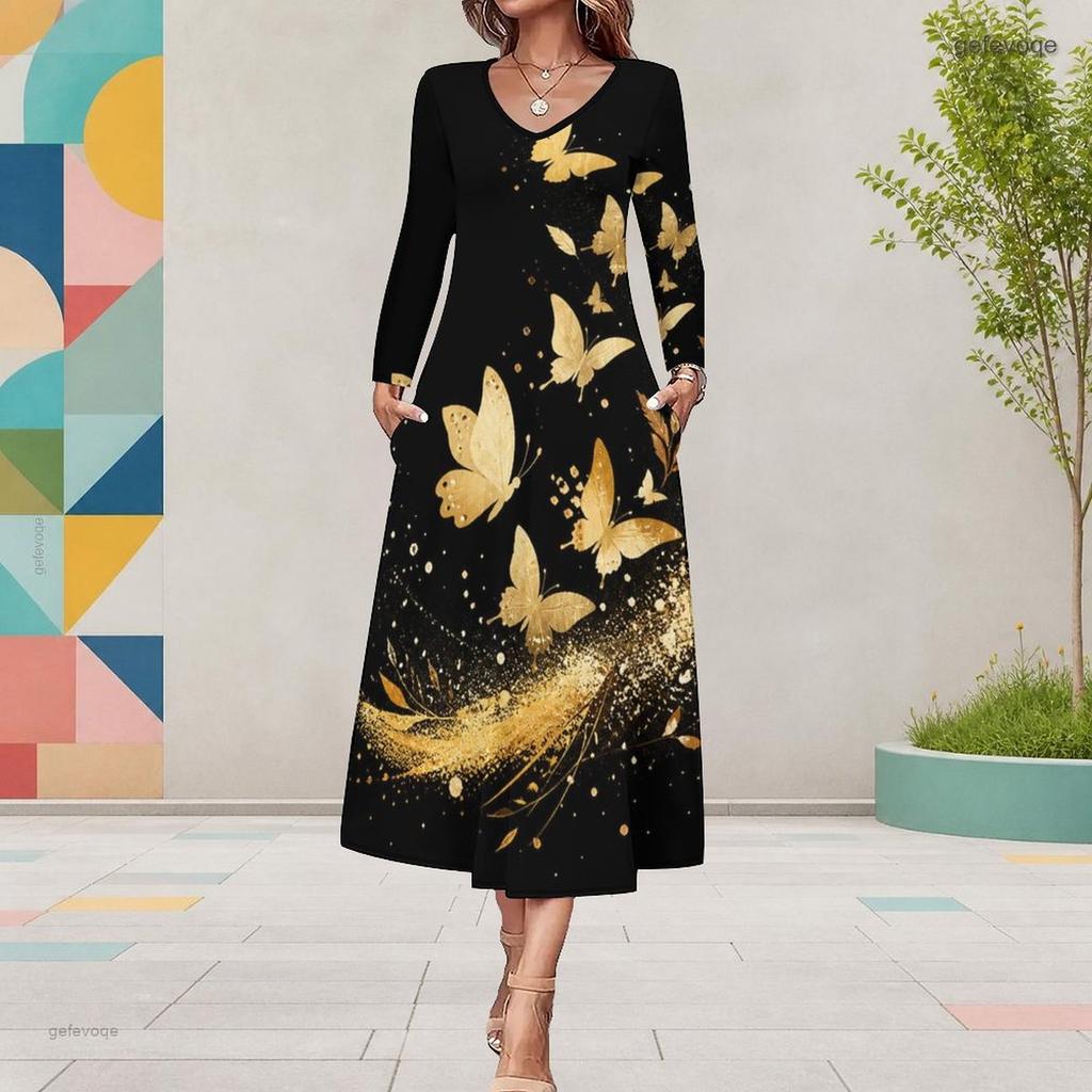 Women Plus Size V Neck Long Sleeve Purple Butterfly Print A Line Midi Dress With Pockets