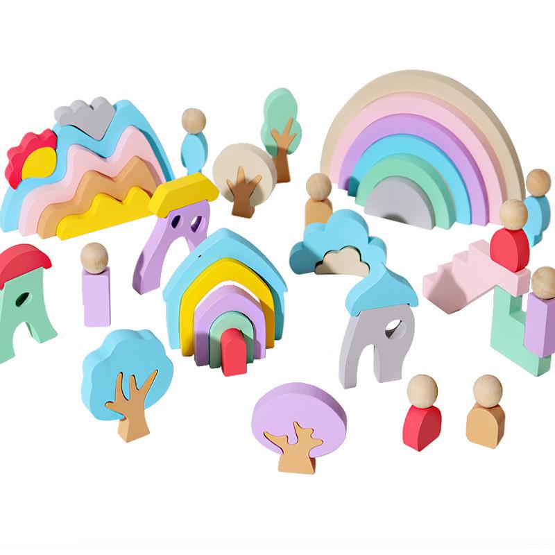 Early Wooden Learning Blocks With Rainbow Colors Kids Cognitive Skills Creative