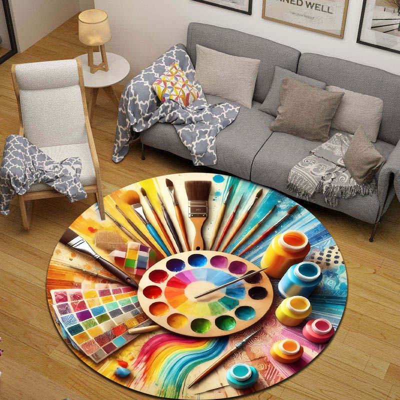 Playful Round Stained Glass Multicolor Rug Pad, Non-Slip Floor Mat for Dining Room