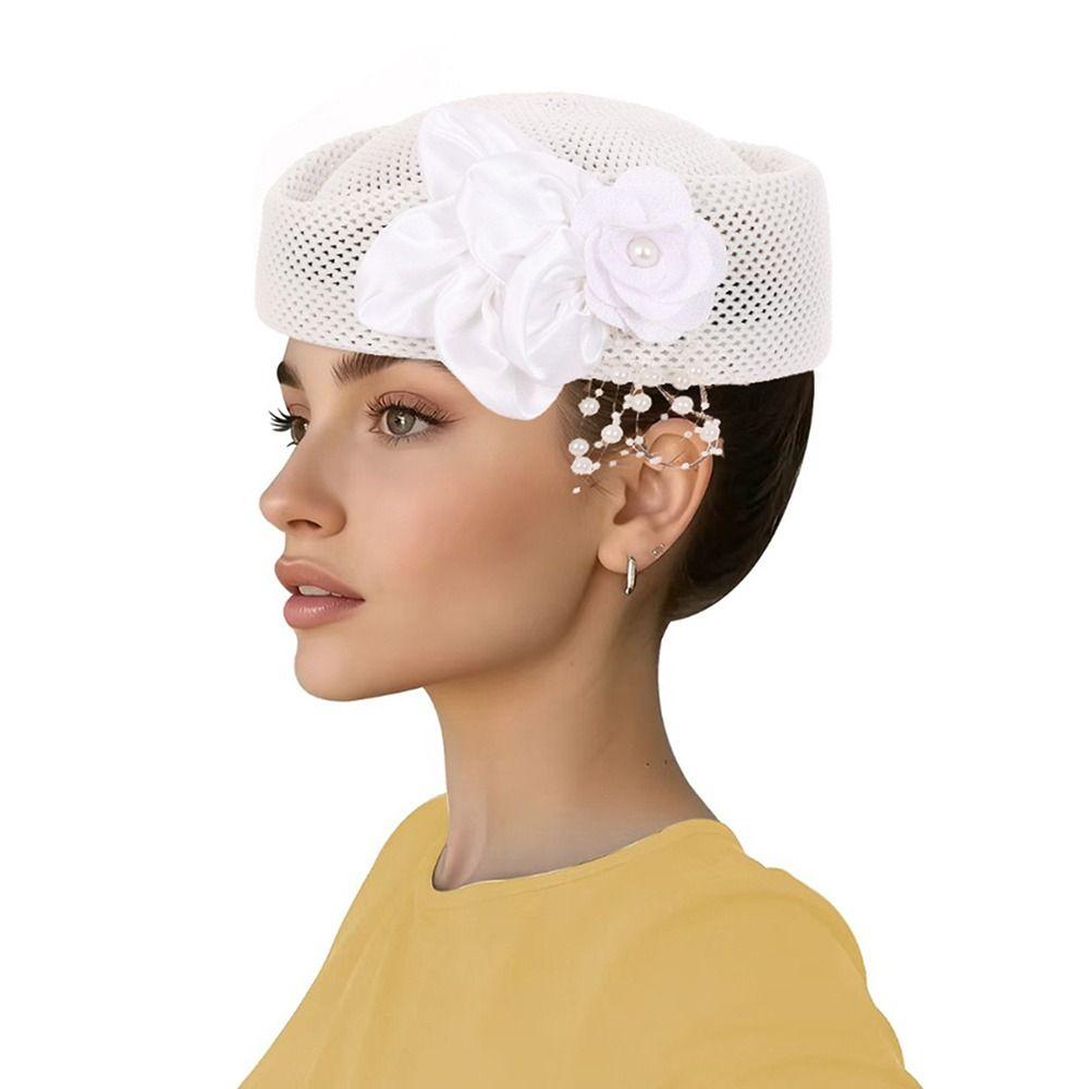 With Flower Straw Pillbox Hat Solid Painter Hat New Brimless Cap Women's