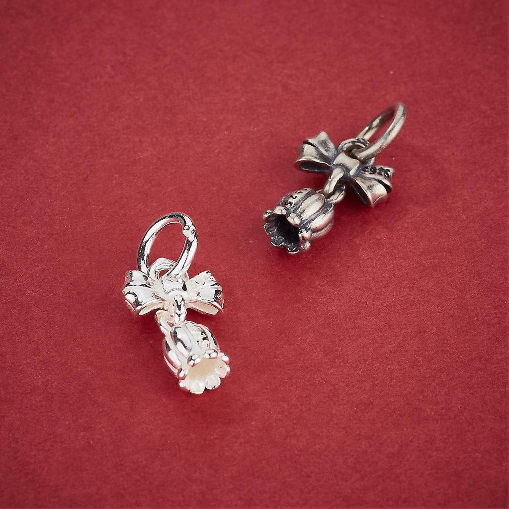 S925 Sterling Silver Tulip Bow Pendant with Small Flower Tassel Charm for DIY Beaded Bracelets