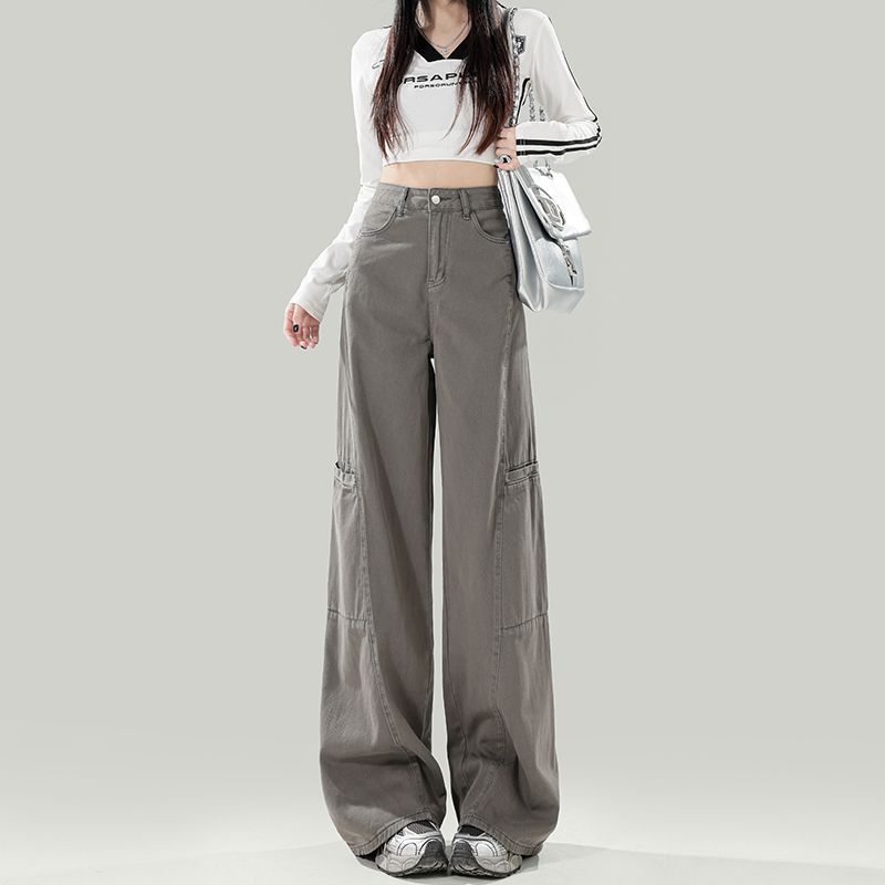Spring Cement Gray Vintage High Waist Straight Wide Leg Cargo Denim Pants Women Casual Pants Oversize Denim Trousers