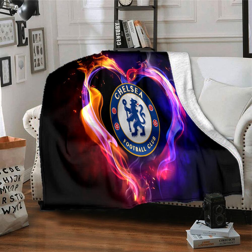 Chelsea Football Club Crest Flannel Blanket, Soft Polyester, Modern Design, All-Season for Camping, Travel, Gifts for holidays or birthdays