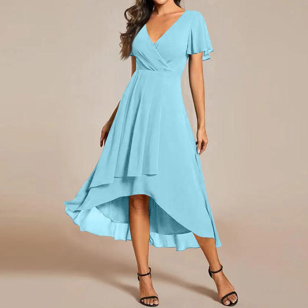 Women's Summer Dress Slim Fit Dress Color Chiffon V Neck Short Sleeved Dress