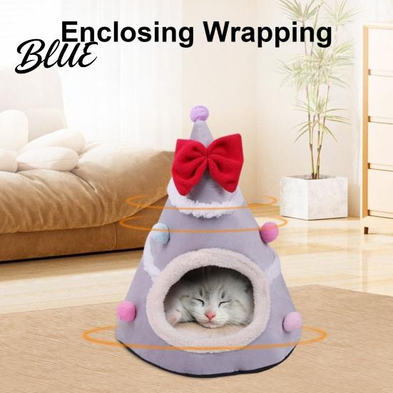 Soft Cat Cave for Winter Christmas Tree Bed, Plush Bed with Removable Cushion, Non-slip Cozy Pet Bottom, House Indoor Cats Kittens Holiday Decoration