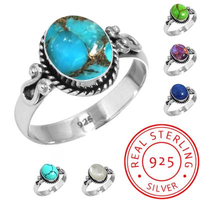 925 Sterling Silver Ring Women Gemstone Handmade Jewelry Christmas Gift Blue Green Purple Copper Turquoise Pearl Lapis Mother Of Pearl Costume