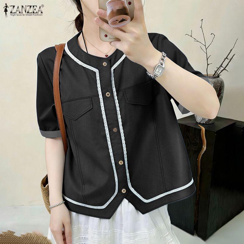 ZANZEA Women Summer V-Neck Splice Lace Casual Short Sleeve Blouse