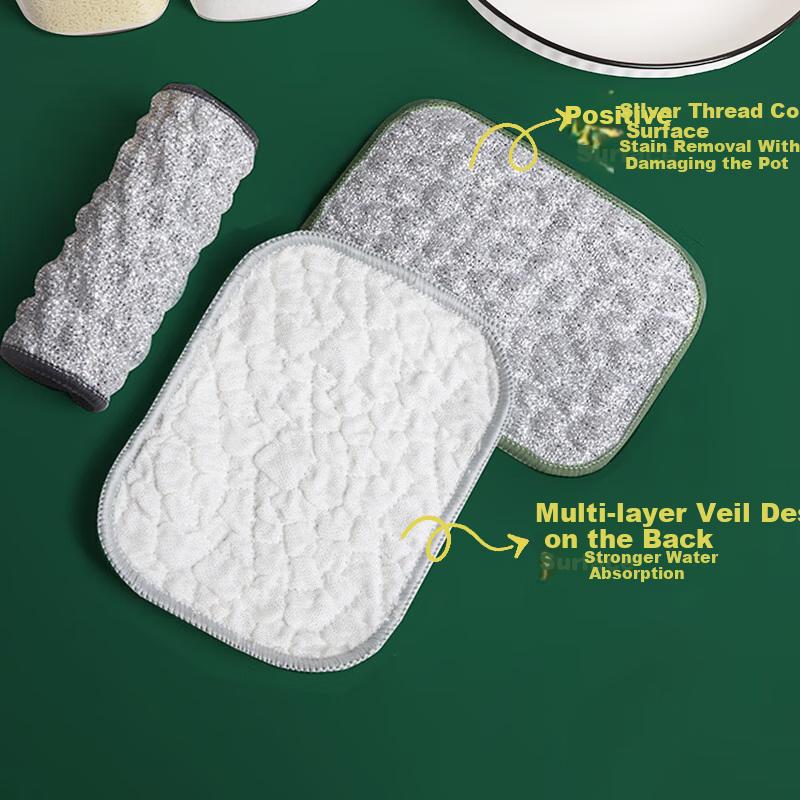 Dafurei 5-Pack Double-Layer Thickened Dish Cloths, Absorbent Silver Fiber Cotton Gauze Dishwashing Scrubbers and Pot Cleaning Cloths