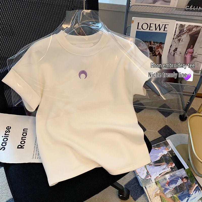 

Women s Moon Embroidered Heavyweight Cotton T-Shirt - New Summer Design S (30-40 kg)