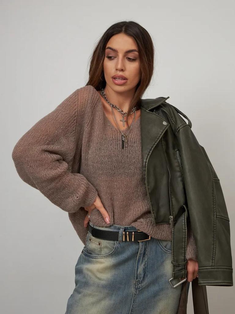 European, American spring and summer knitted sunscreen shirt V-neck solid color hollow sweater sexy thin blouse top
