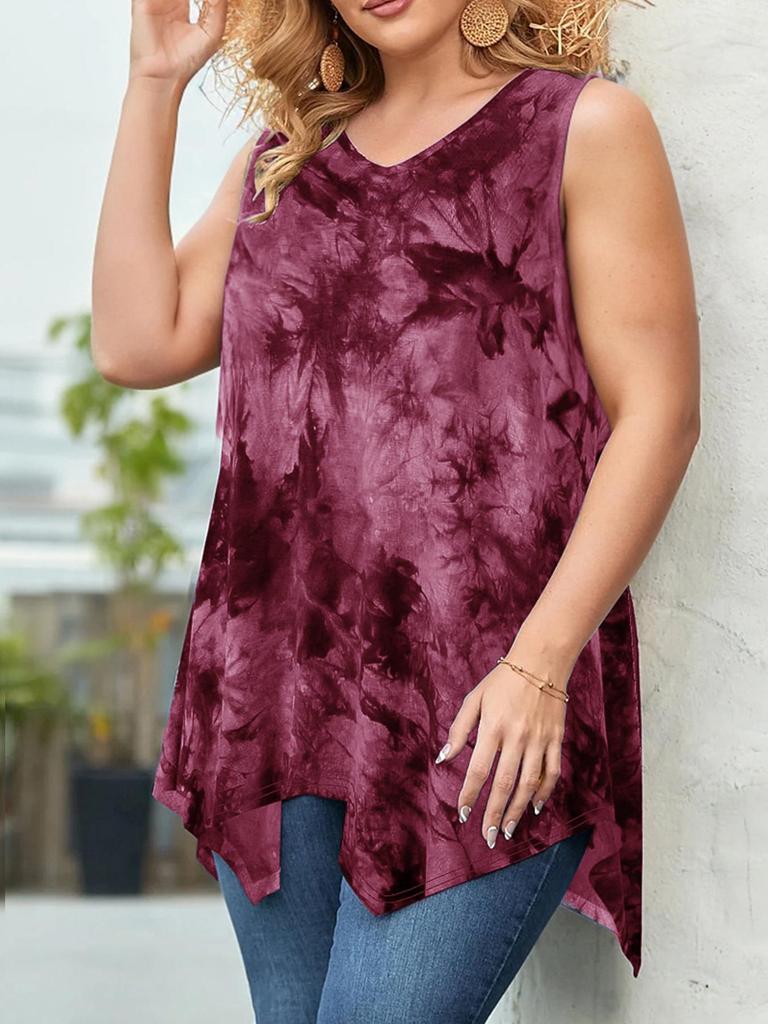 2026 Summer Tie-Dye Irregular Hem V-Neck Sleeveless Plus Size Women's Top