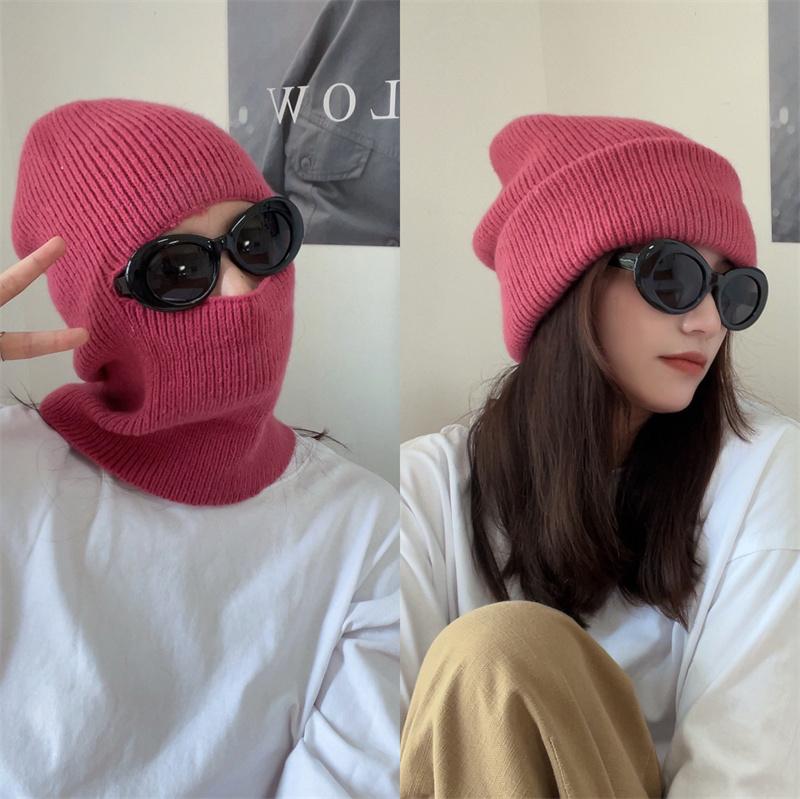 One hat and two wears~ Winter face kini windproof and warm cycling knitted hat balaclava cap pullover wool hat