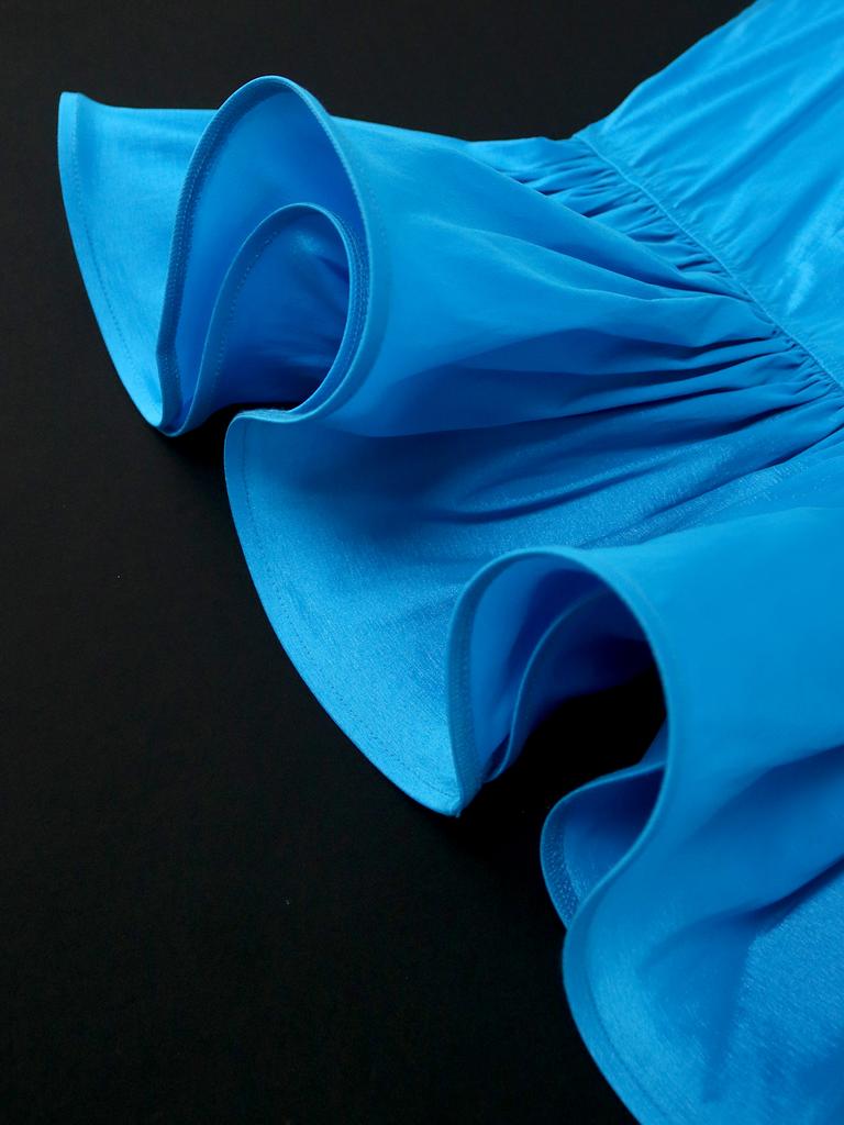 AOMEI Evening Party Blouse for Women Blue Cold Shoulder Long Lantern Sleeves Ruffles Birthday Cocktail Event Occasion Pullover Peplum Tops