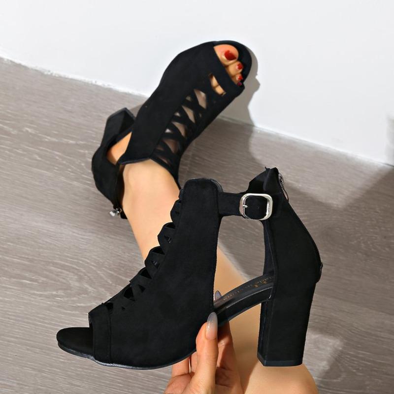 Summer New Round Toe Open Toe Cutout Zipper Soft Sole Non-slip Block Heel Women's Shoes Fish Mouth Sandals