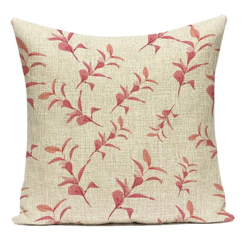 Decorative Throw Pillows Case Linen Sofa Home Decor Pillowcase Pink Flower Plant Leaf Cushion Cover For Living Room