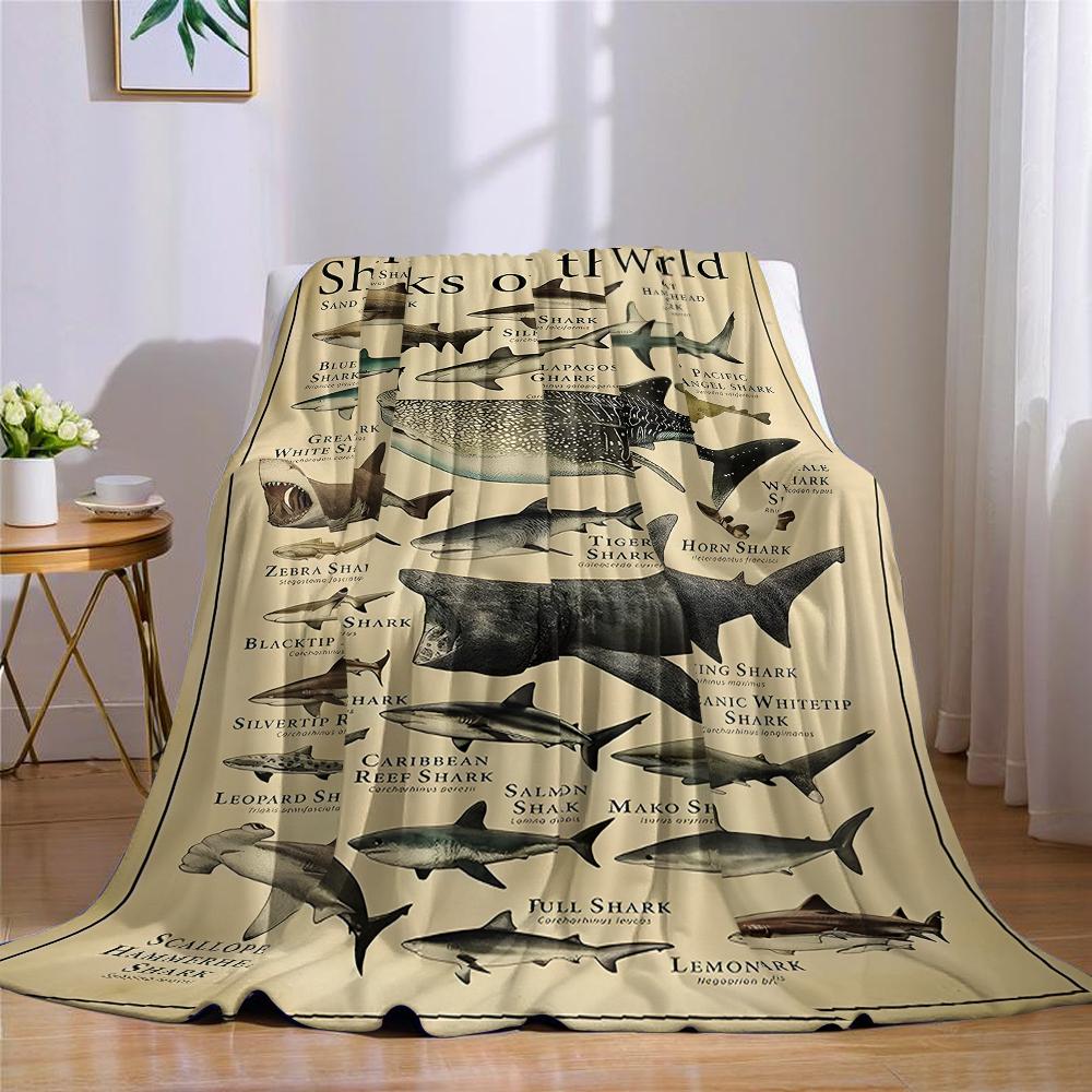 Vintage Shark Chart Flannel Blanket Warm Soft Halloween Christmas Couch Warm Cozy Decorative Decor Gift For All Season