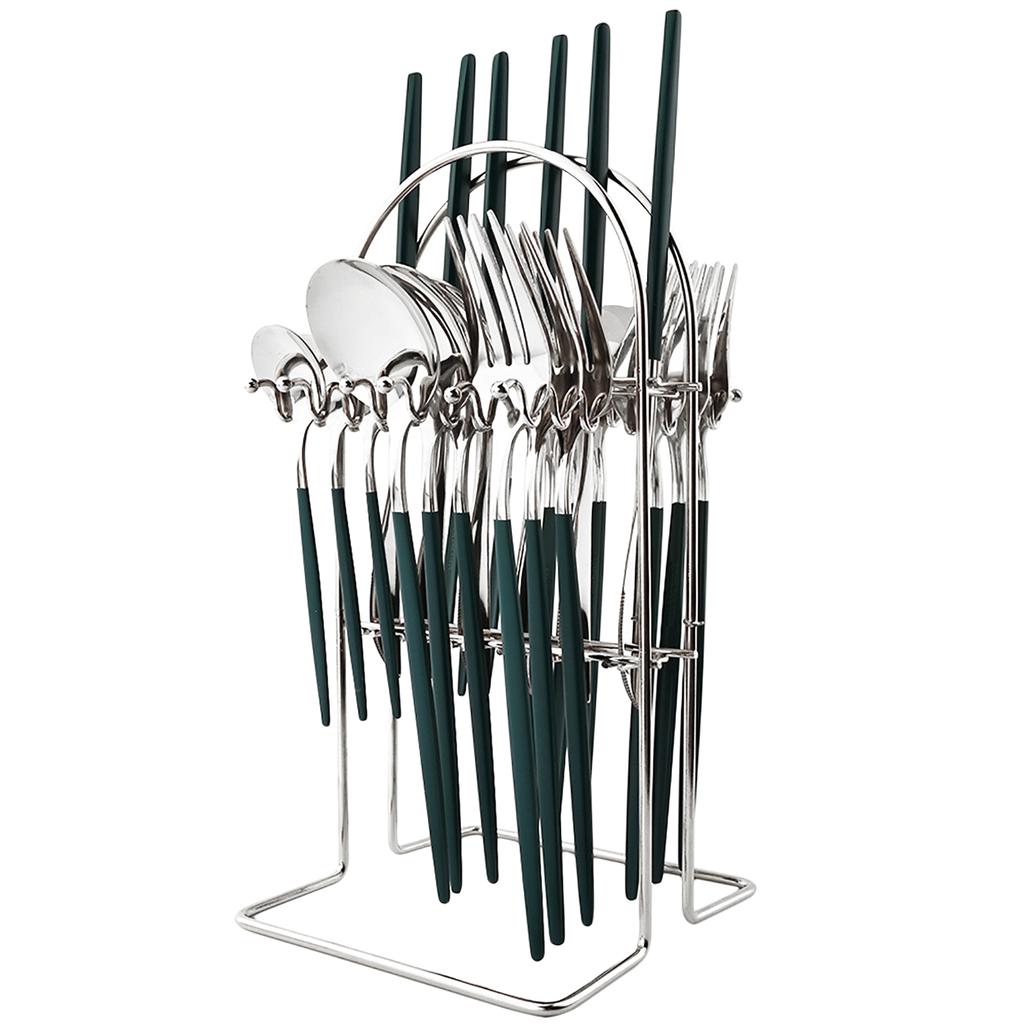 Jankng Gold 24Pcs Western Dinnerware Stainless Steel Daily Cutlery Set Knife Fork Coffee Spoon Tableware Set With Storage Rack